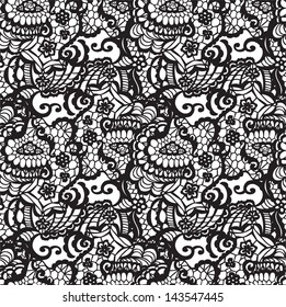 Lace black seamless pattern with flowers on white background