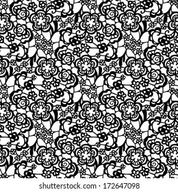 Lace black seamless pattern with flowers on white background