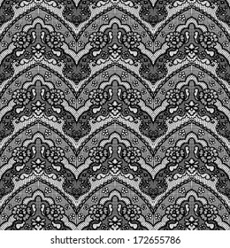Lace black seamless pattern with flowers on white background