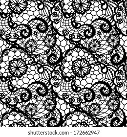 Lace black seamless pattern with flowers on white background