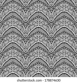 Lace black seamless pattern with flowers on white background