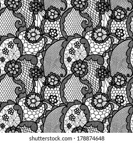 Lace black seamless pattern with flowers on white background