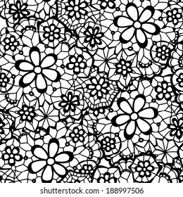 Lace black seamless pattern with flowers on white background