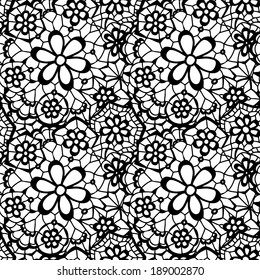 Lace black seamless pattern with flowers on white background