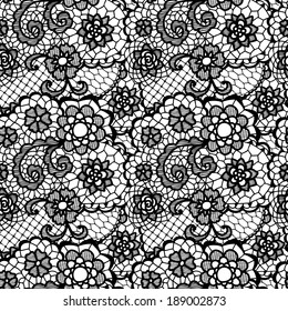 Lace black seamless pattern with flowers on white background