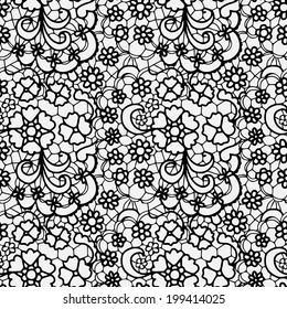 Lace black seamless pattern with flowers on white background