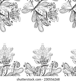 Lace black seamless pattern with flowers on white background