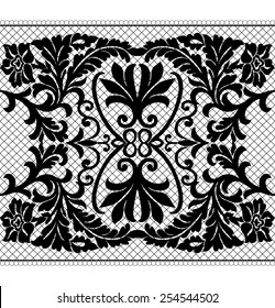 Lace black seamless pattern with flowers on white background