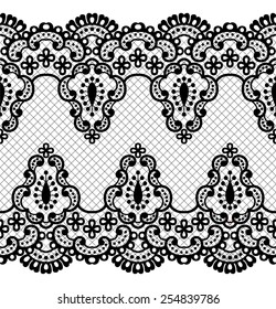 Lace black seamless pattern with flowers on white background