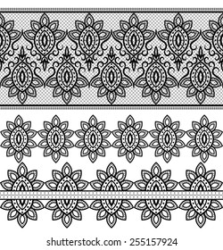 Lace black seamless pattern with flowers on white background
