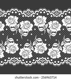 Lace black seamless pattern with flowers on white background
