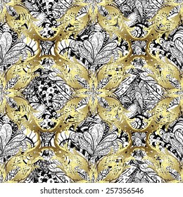 Lace black seamless pattern with flowers and golden doodles on white background