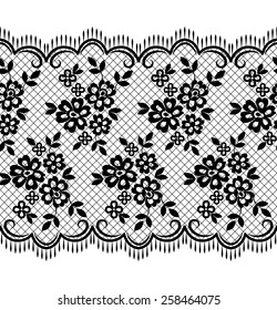 Lace black seamless pattern with flowers on white background