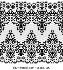 Lace black seamless pattern with flowers on white background