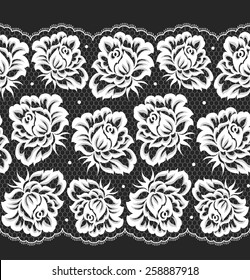 Lace black seamless pattern with flowers on gray background