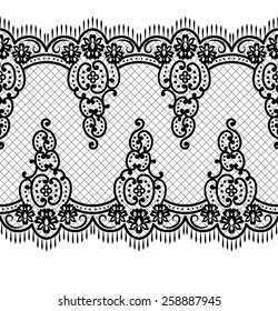 Lace black seamless pattern with flowers on white background