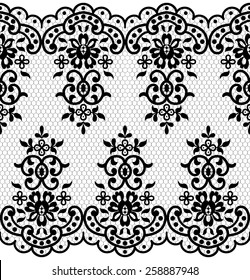 Lace black seamless pattern with flowers on white background