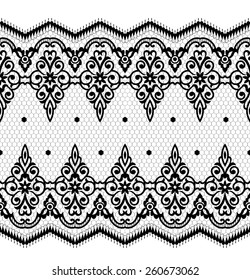 Lace black seamless pattern with flowers on white background