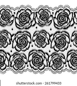 Lace black seamless pattern with flowers on white background