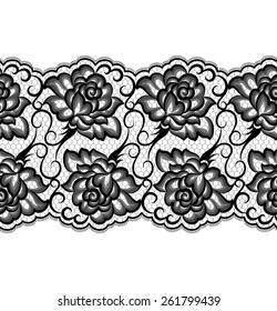 Lace black seamless pattern with flowers on white background