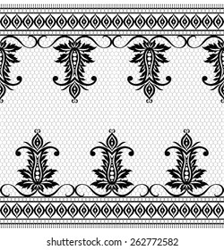Lace black seamless pattern with flowers on white background