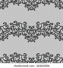 Lace black seamless pattern with flowers on white background