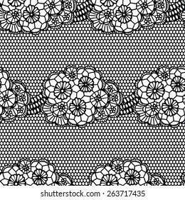 Lace black seamless pattern with flowers on white background