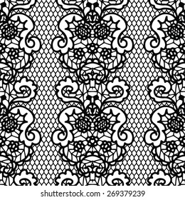 Lace black seamless pattern with flowers on white background