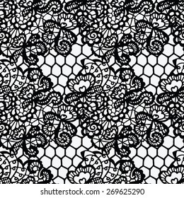 Lace black seamless pattern with flowers on white background