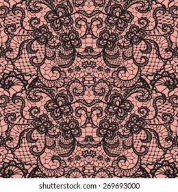 Lace black seamless pattern with flowers on brown background