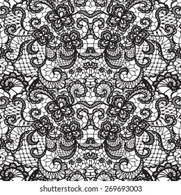 Lace black seamless pattern with flowers on white background