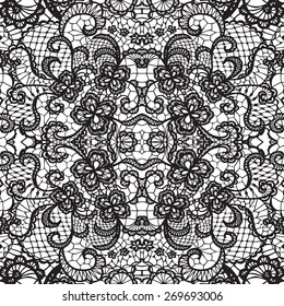 Lace black seamless pattern with flowers on white background