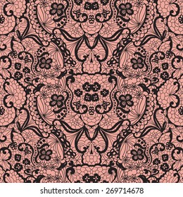 Lace black seamless pattern with flowers on brown background