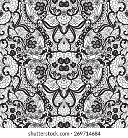Lace black seamless pattern with flowers on white background