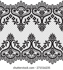 Lace black seamless pattern with flowers on white background