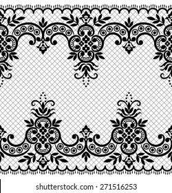 Lace black seamless pattern with flowers on white background