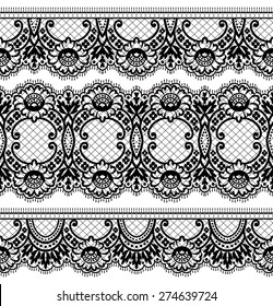 Lace black seamless pattern with flowers on white background