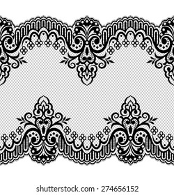Lace black seamless pattern with flowers on white background