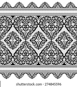 Lace black seamless pattern with flowers on white background