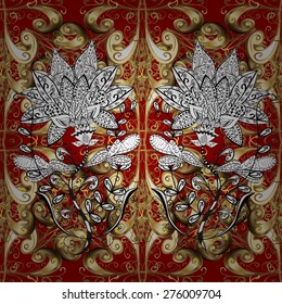 Lace black seamless pattern with flowers and golden doodles on red background
