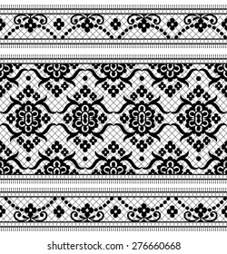 Lace black seamless pattern with flowers on white background