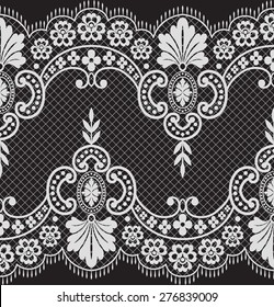 Lace black seamless pattern with flowers on white background