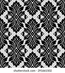 Lace black seamless pattern with flowers on white background