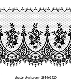 Lace black seamless pattern with flowers on white background