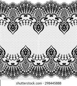 Lace black seamless pattern with flowers on white background