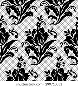 Lace black seamless pattern with flowers on white background
