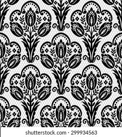 Lace black seamless pattern with flowers on white background
