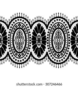 Lace black seamless pattern with flowers on white background