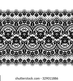 Lace black seamless pattern with flowers on white background