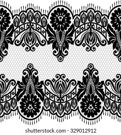 Lace black seamless pattern with flowers on white background